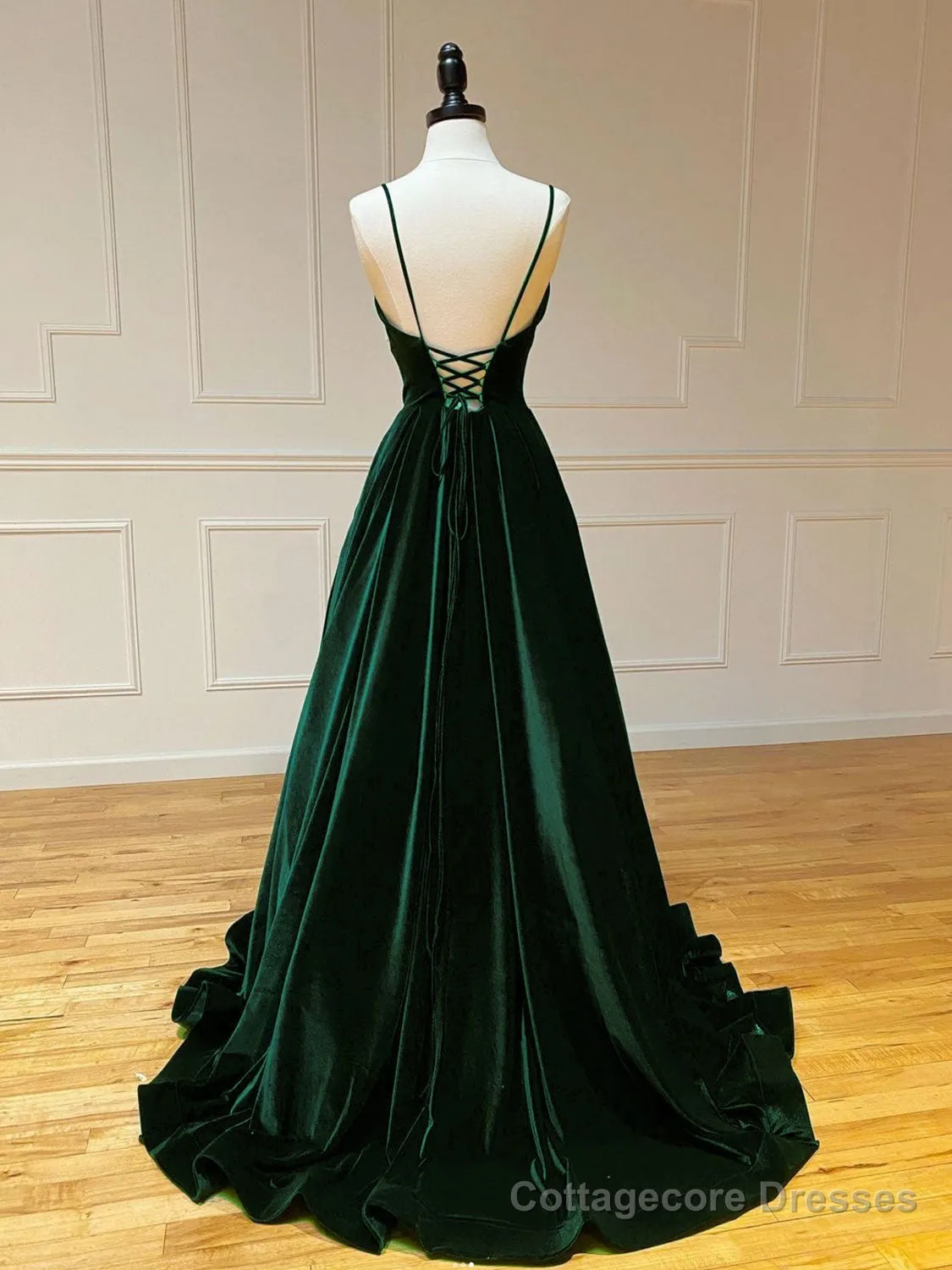 A-Line V Neck Velvet Green Long Prom Dresses, Green Velvet Formal Dress