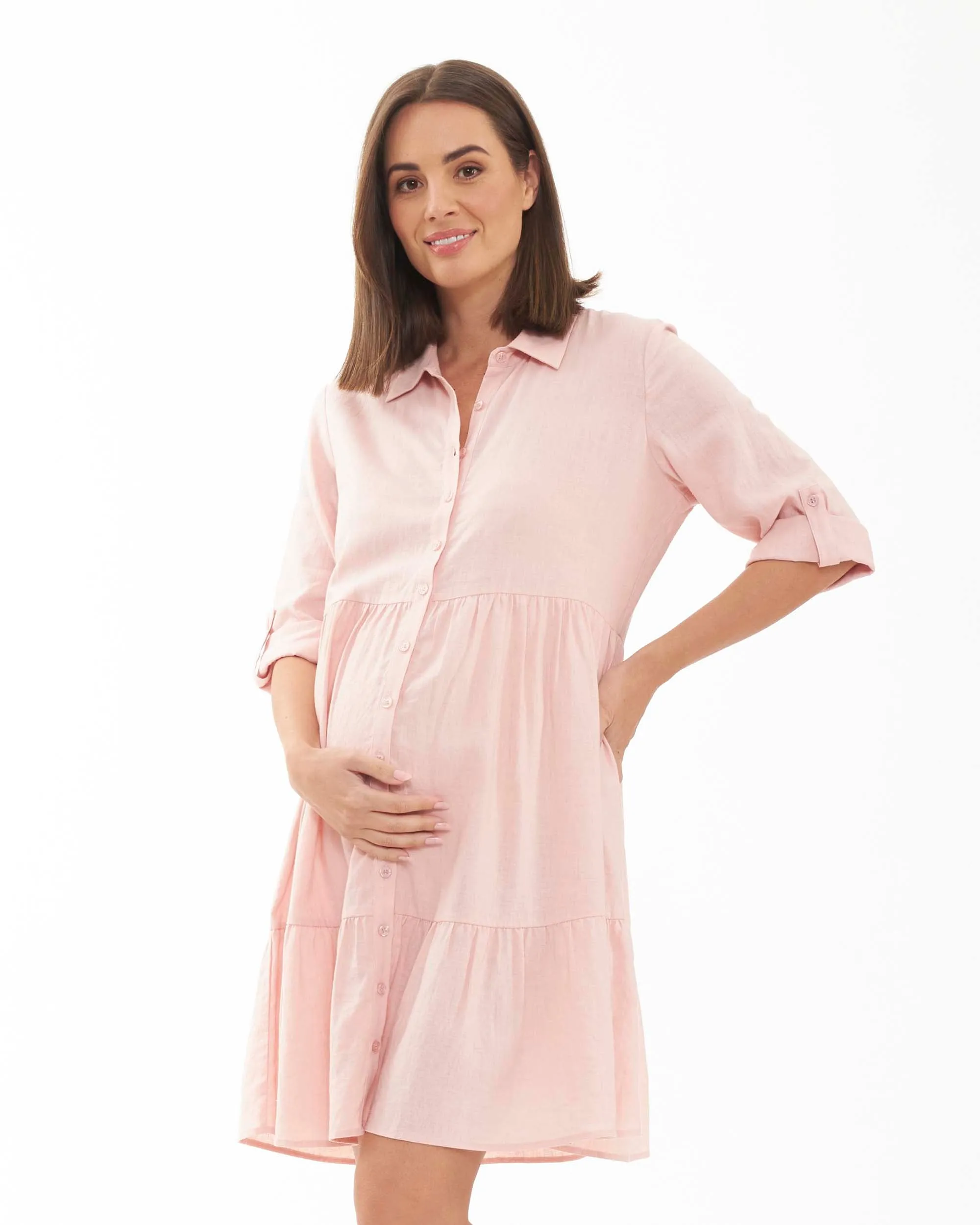 'Adel' Linen Nursing Dress - Soft Pink