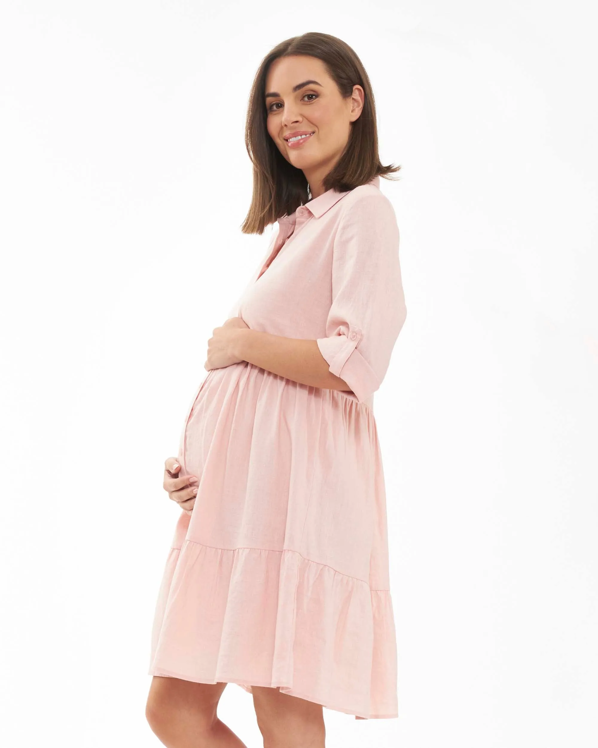 'Adel' Linen Nursing Dress - Soft Pink