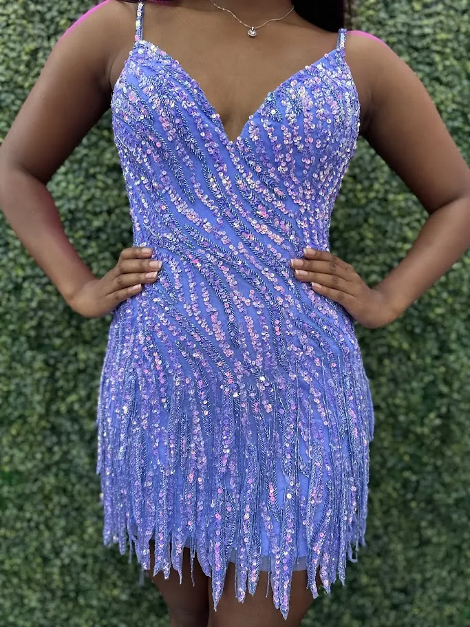 Amarra 88042 Size 6 Periwinkle Orchid Short Beaded Fringe Homecoming Dress Sequin Cocktail Dress V Neck Formal