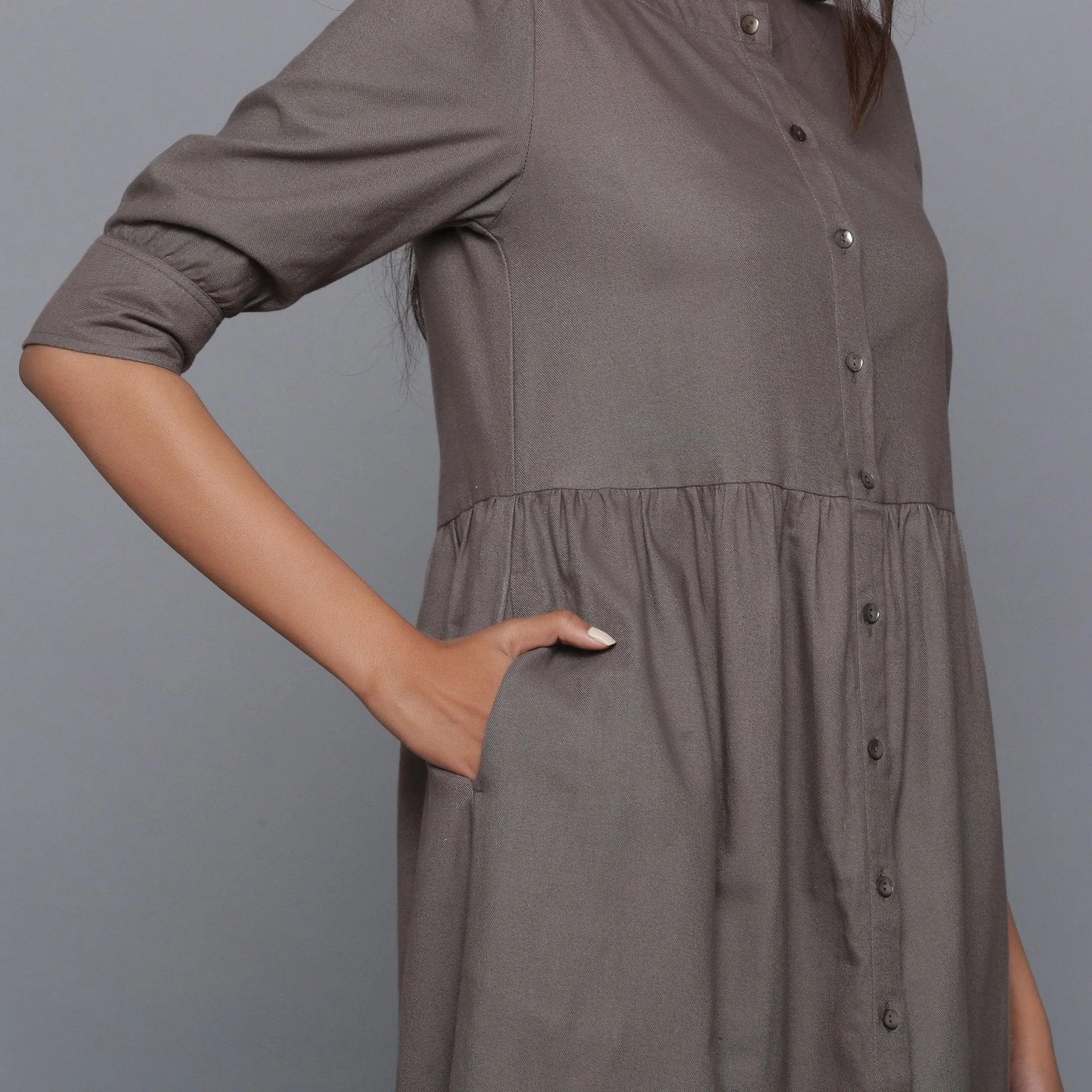 Ash Grey Warm Cotton Flannel Gathered Maxi Dress