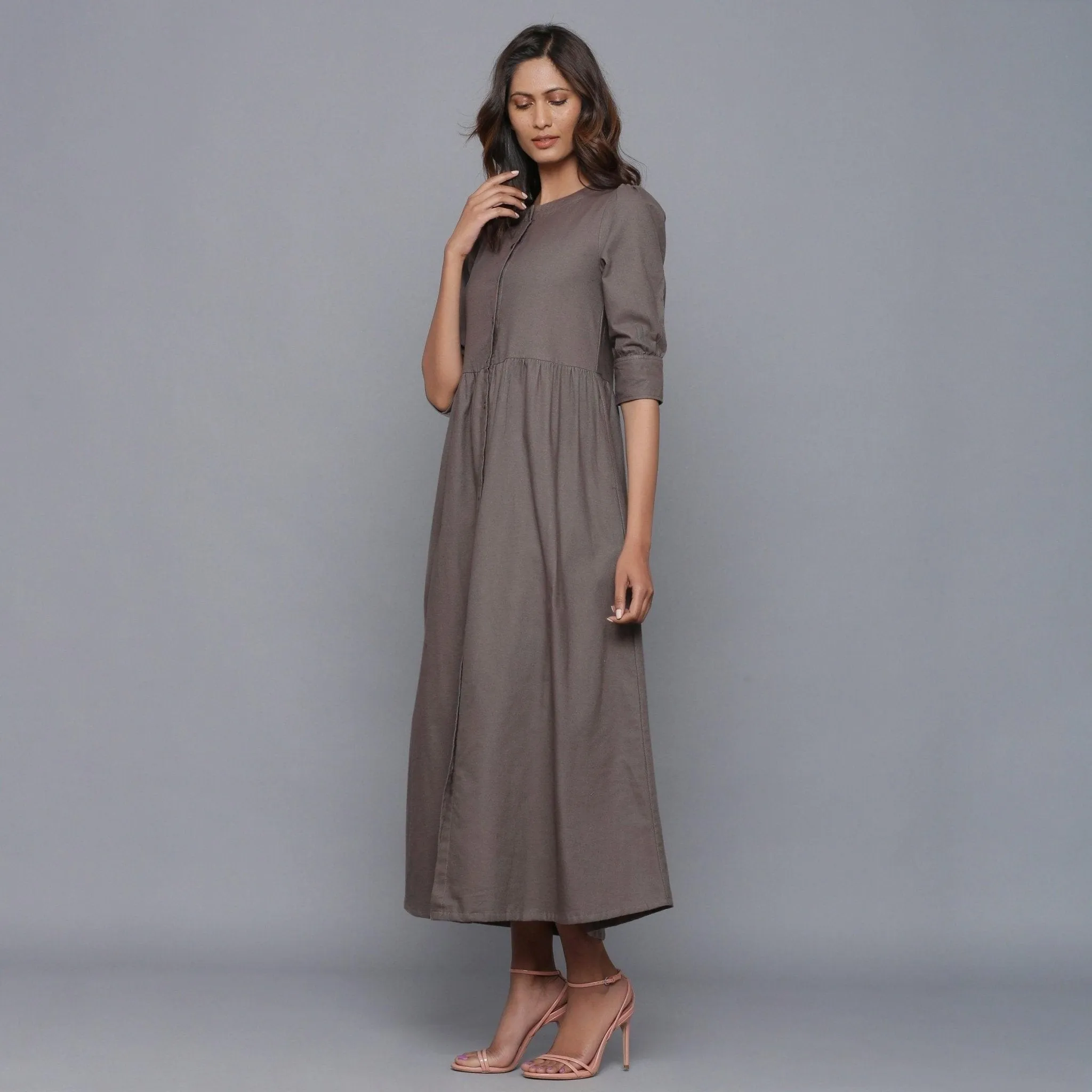 Ash Grey Warm Cotton Flannel Gathered Maxi Dress