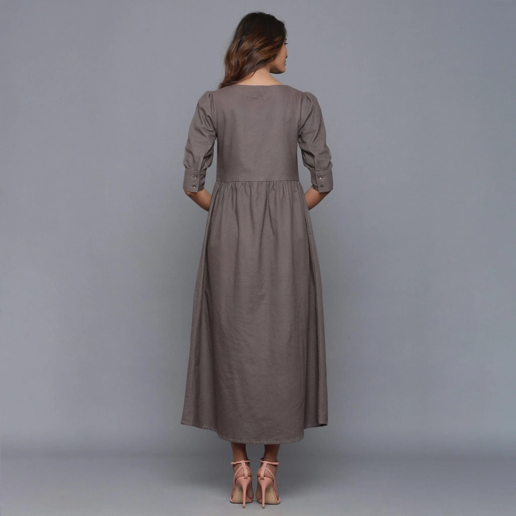 Ash Grey Warm Cotton Flannel Gathered Maxi Dress
