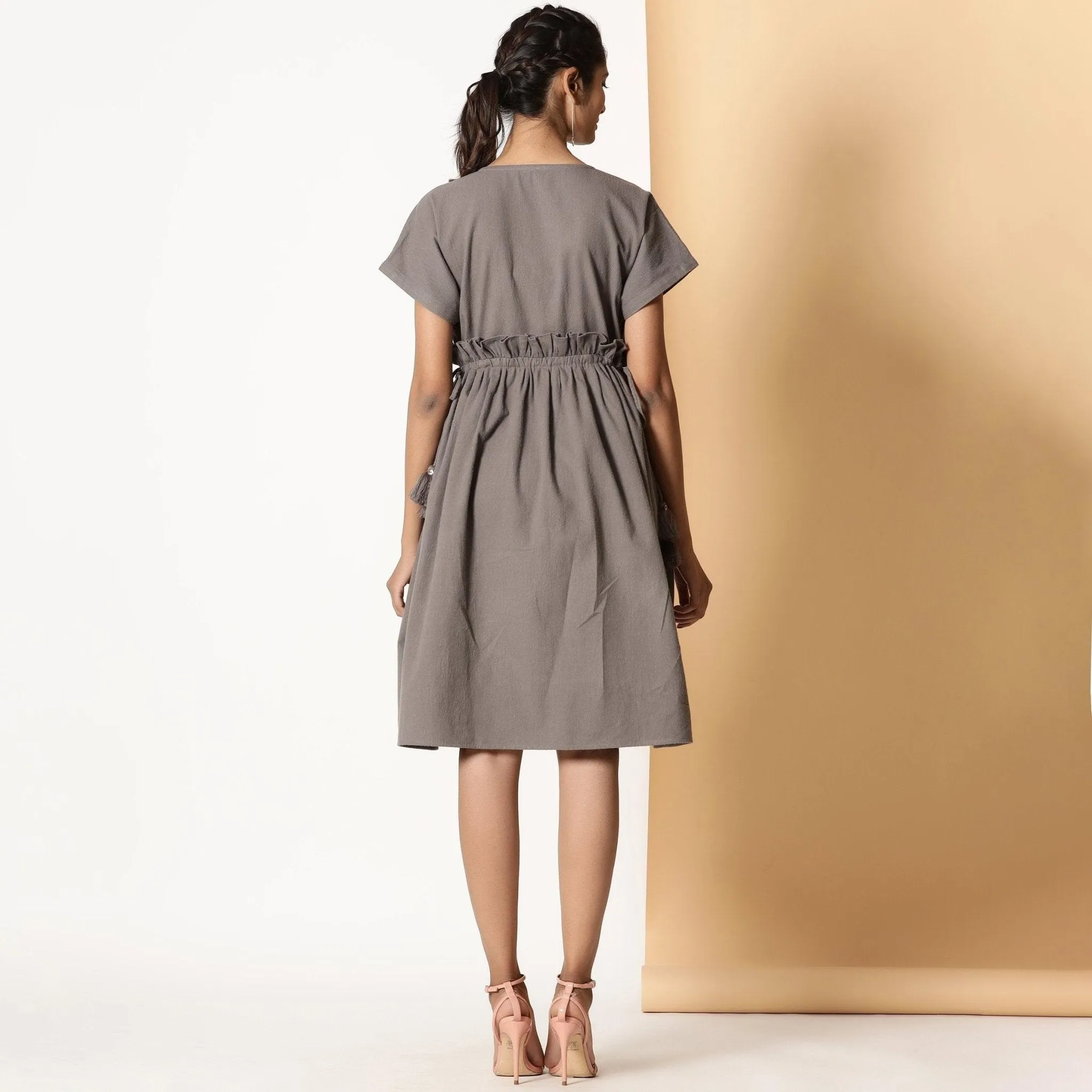Ash Grey Warm Cotton Flannel Knee Length Frilled Dress
