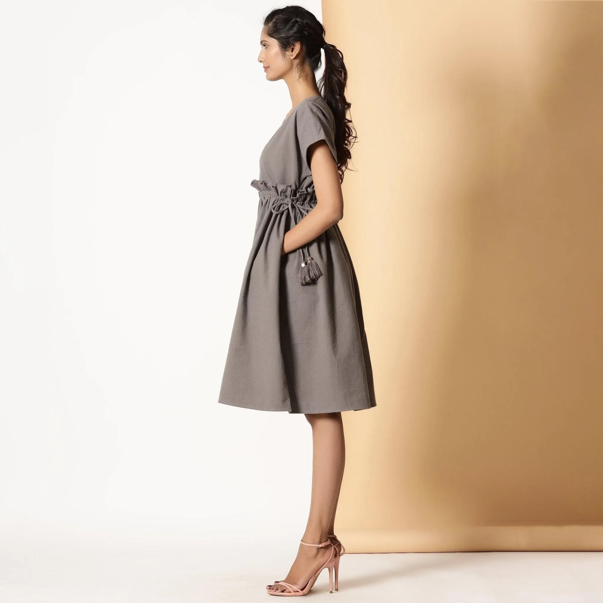 Ash Grey Warm Cotton Flannel Knee Length Frilled Dress