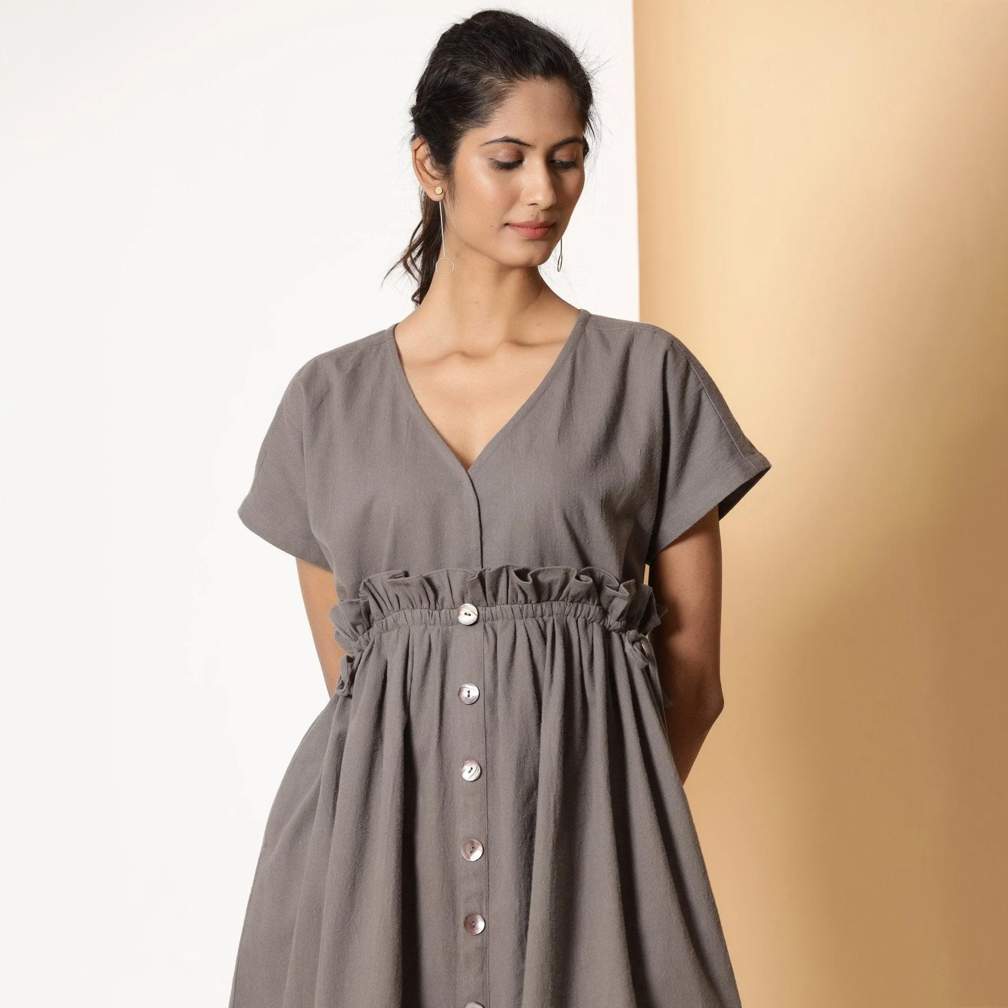 Ash Grey Warm Cotton Flannel Knee Length Frilled Dress