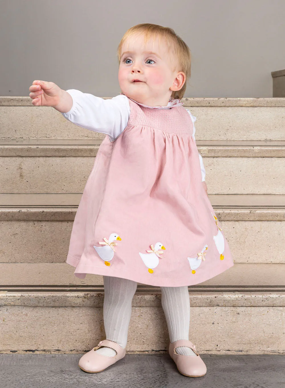 Baby Duck Smocked Pinafore in Pink Cord