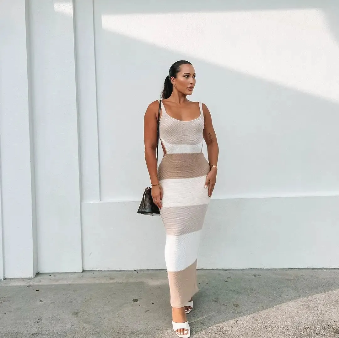 Backless Knit Stripe Maxi Dress