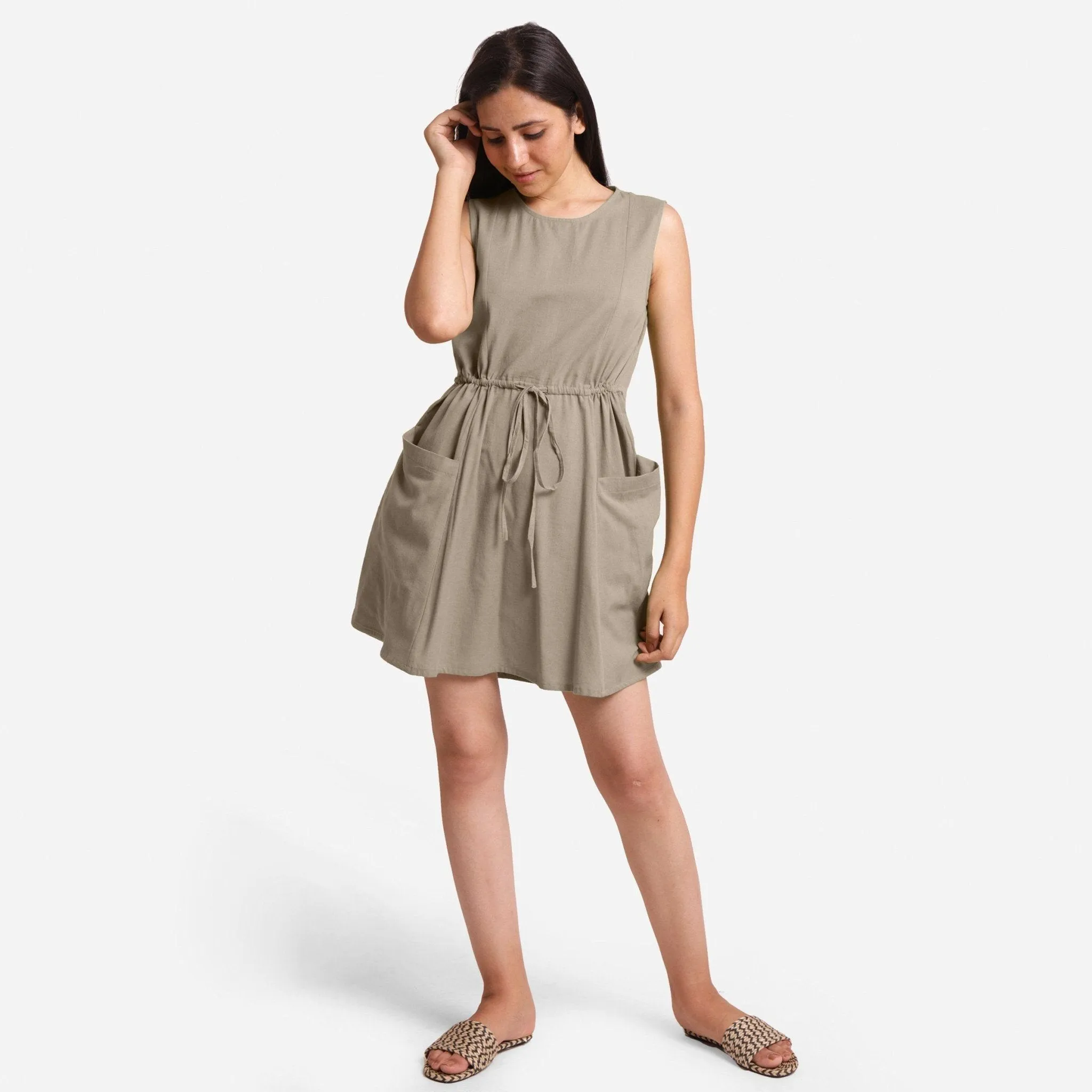 Beige Cotton Flax Princess Line Short Dress