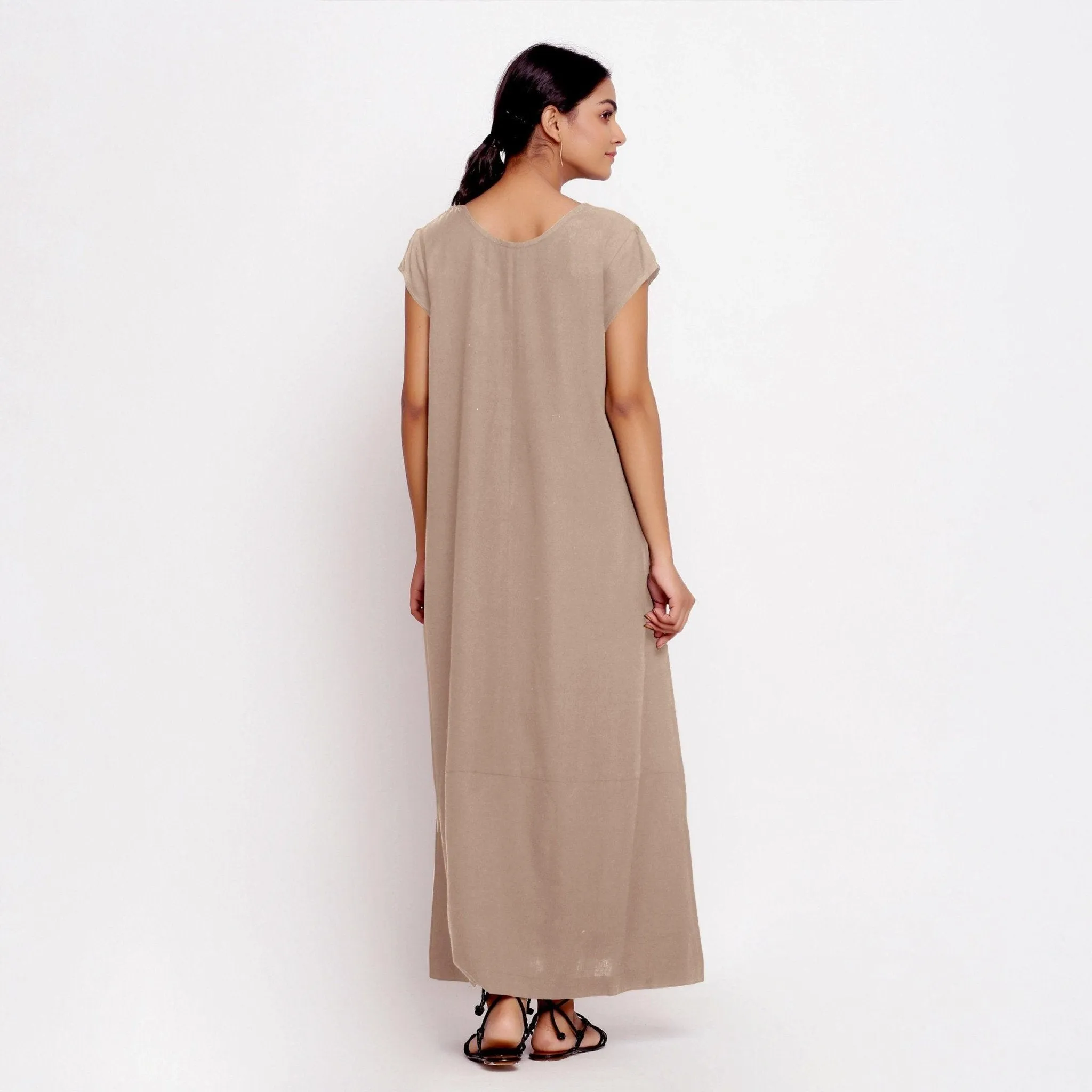 Beige Cotton Flax Scoop Neck Paneled Maxi Dress