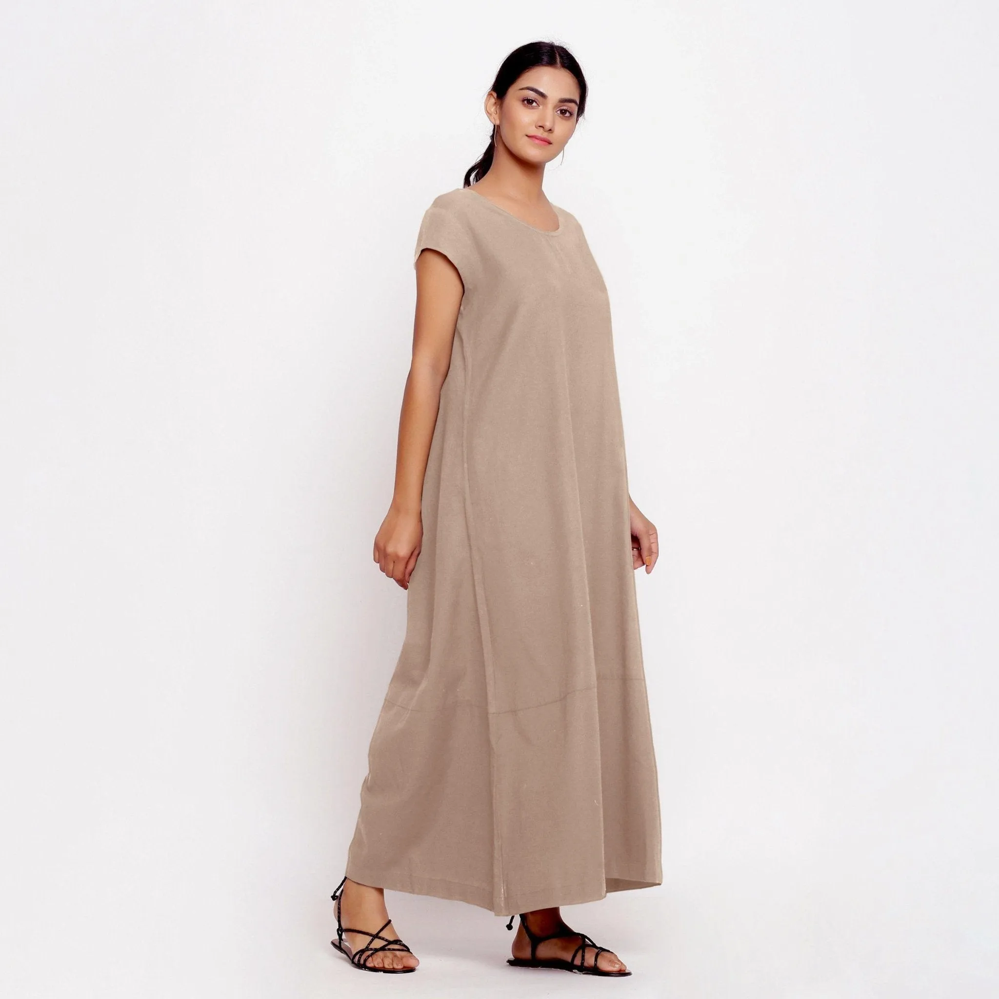 Beige Cotton Flax Scoop Neck Paneled Maxi Dress