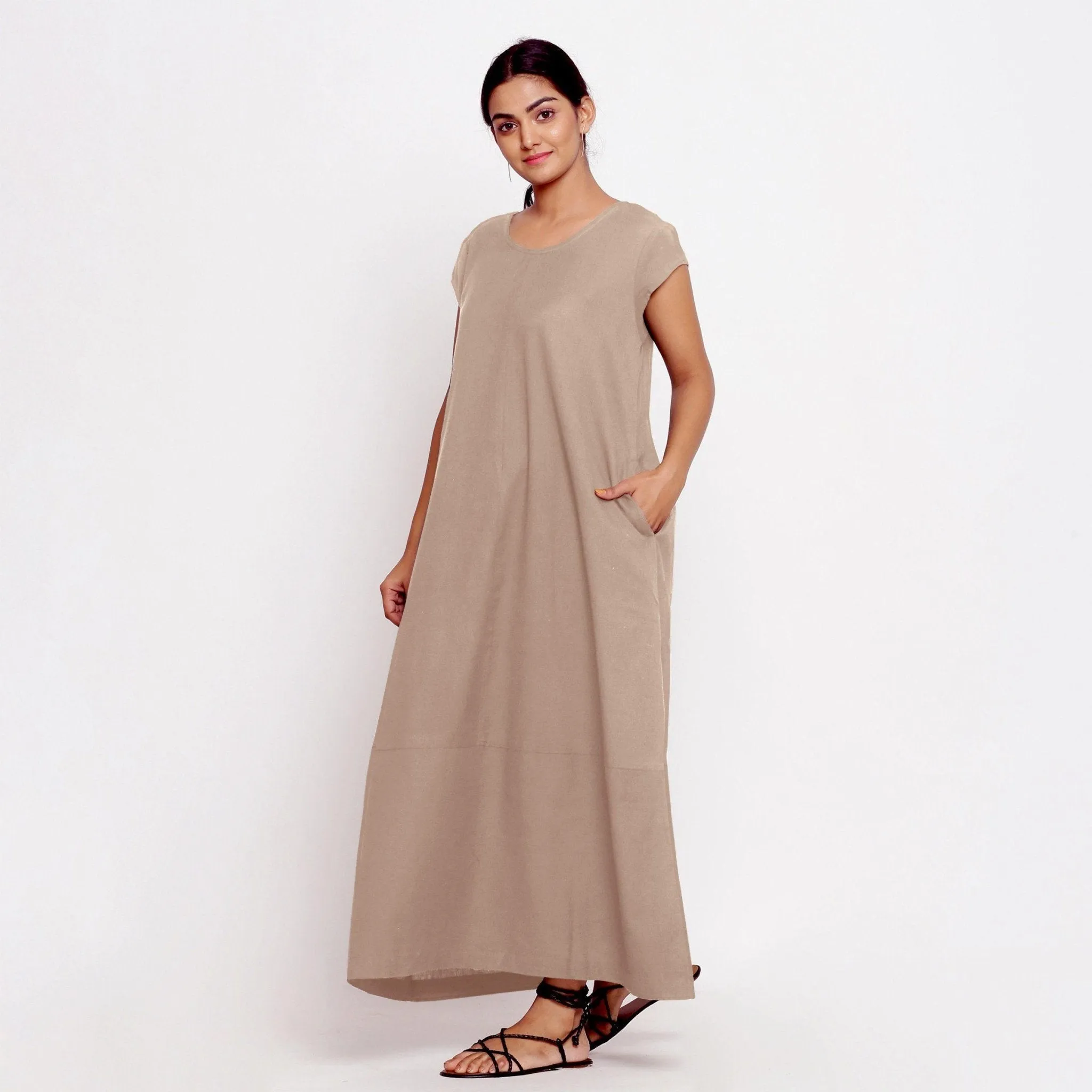 Beige Cotton Flax Scoop Neck Paneled Maxi Dress