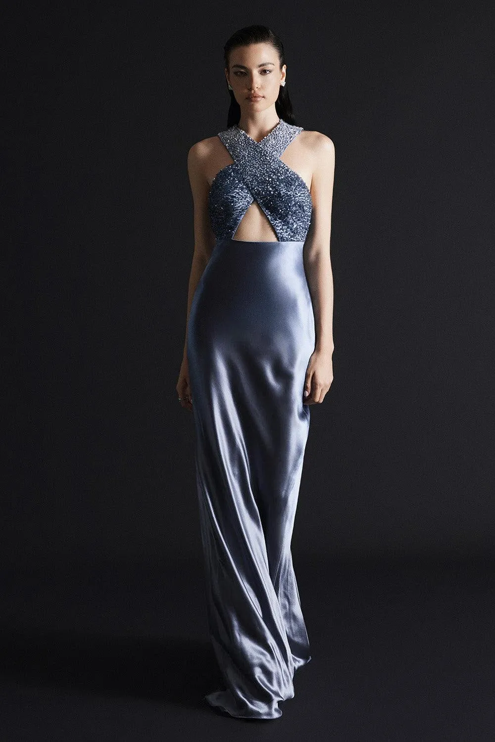 Charlotte Sheath Crossover Satin Floor Length Dress