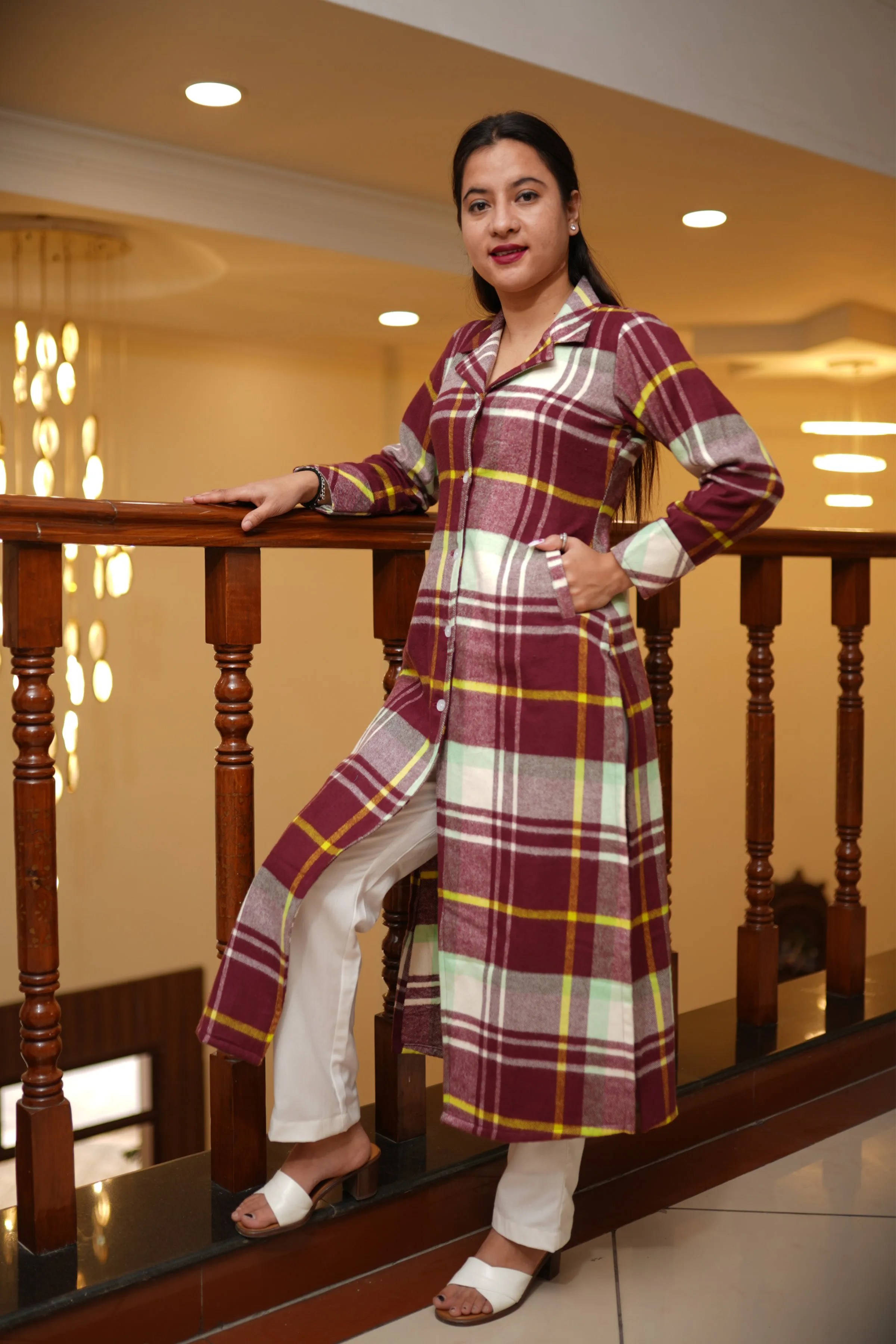 Cranberry Checked Woollen Kurta