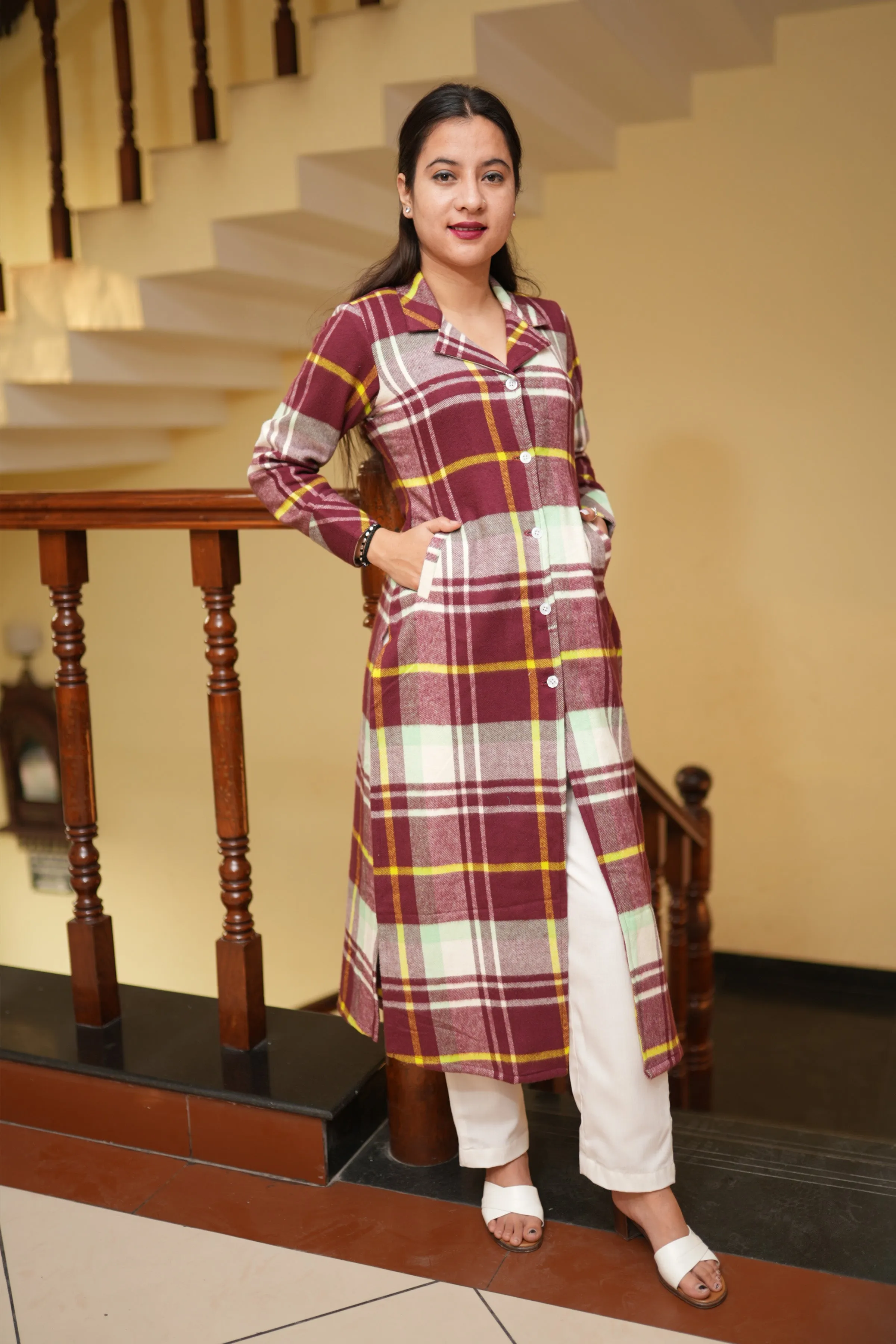 Cranberry Checked Woollen Kurta