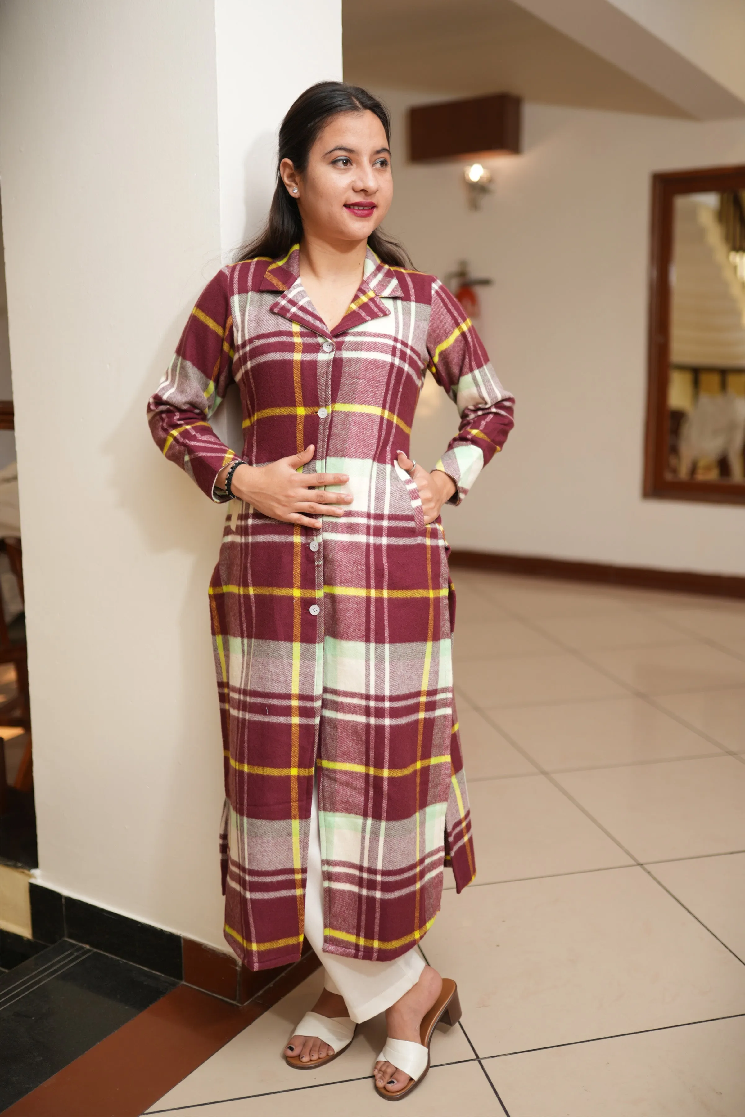 Cranberry Checked Woollen Kurta
