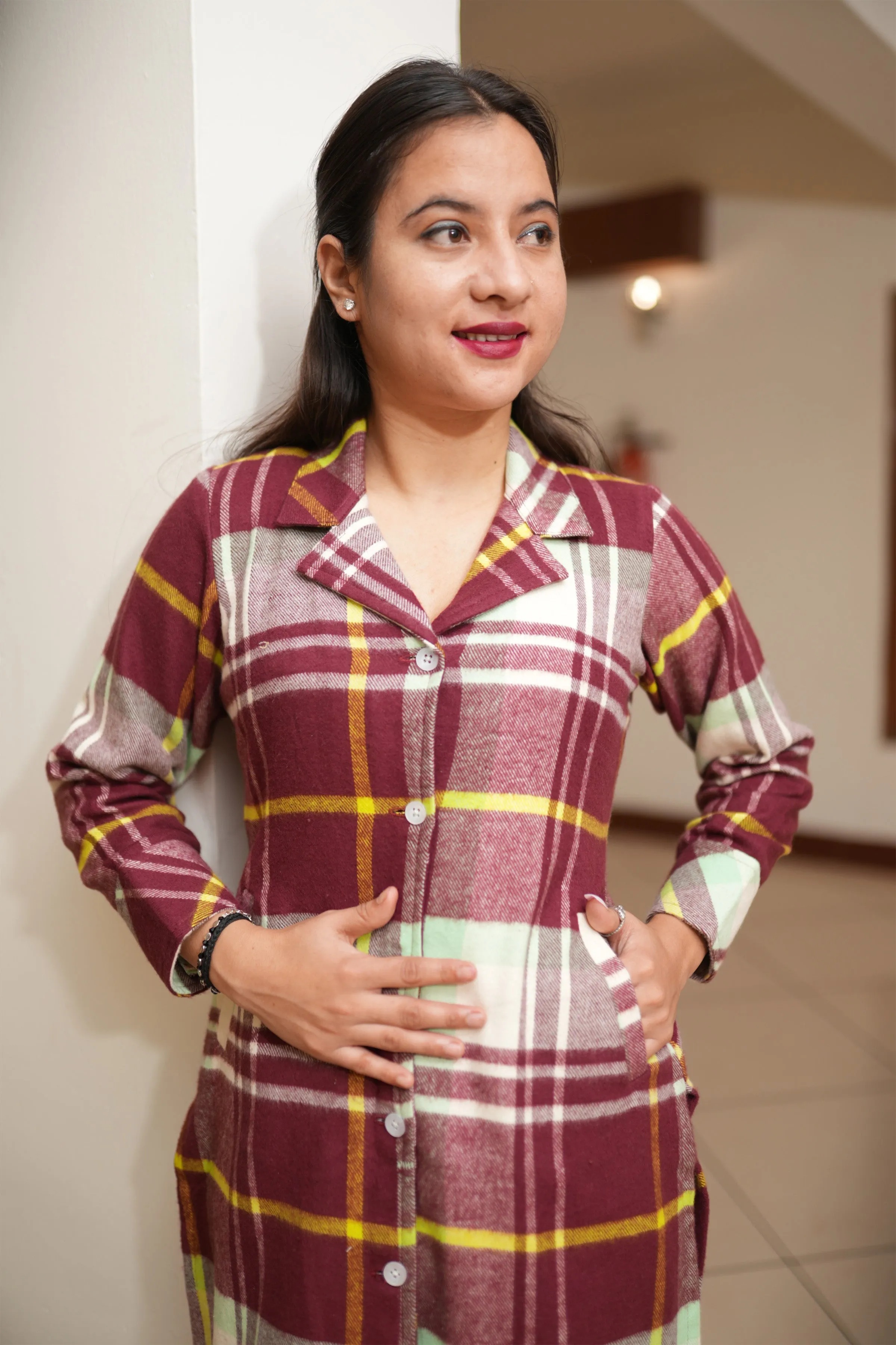 Cranberry Checked Woollen Kurta