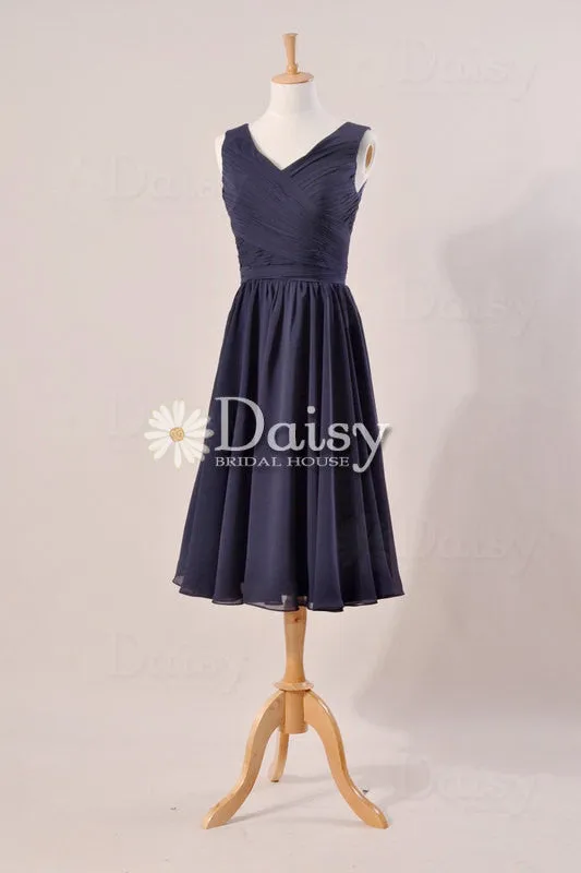 Dark Blue Modest Bridal Party Dress Navy Knee Length Bridal Party Dress Formal Dress(CSR2754-M)