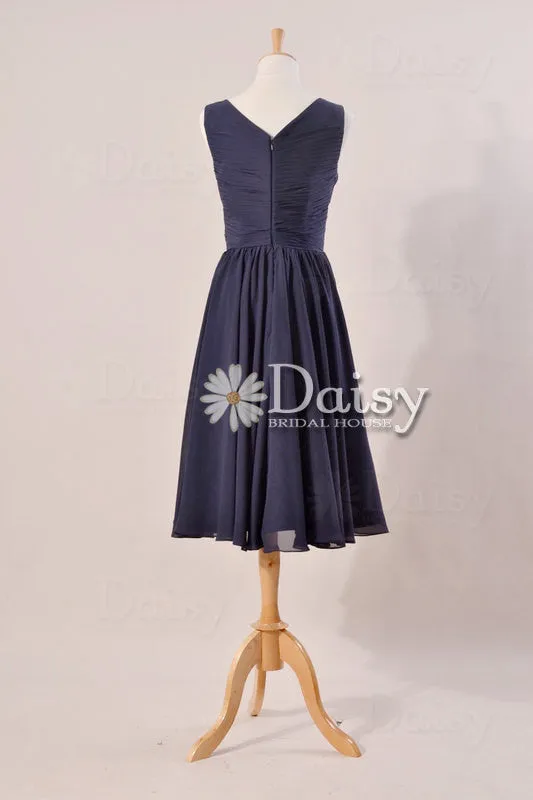 Dark Blue Modest Bridal Party Dress Navy Knee Length Bridal Party Dress Formal Dress(CSR2754-M)