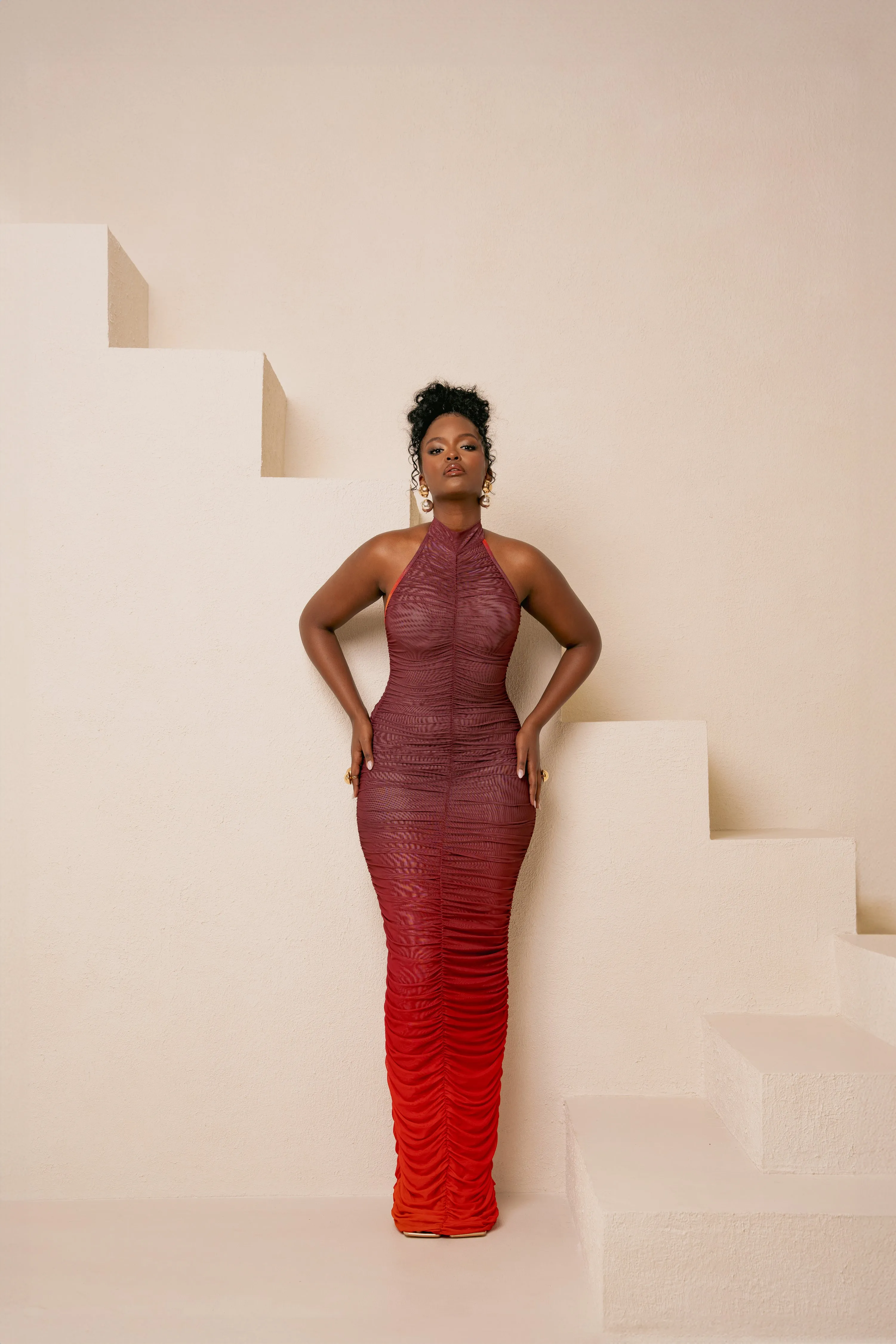 DAWN RUCHED HALTER MAXI DRESS