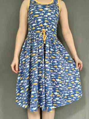 DUNS Adult Sleeveless Gathered Dress - Fish Blue