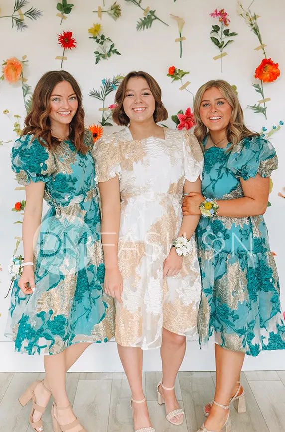 Ellis Jacquard Teal/Gold Velvet Dress - DM Exclusive - Maternity Friendly