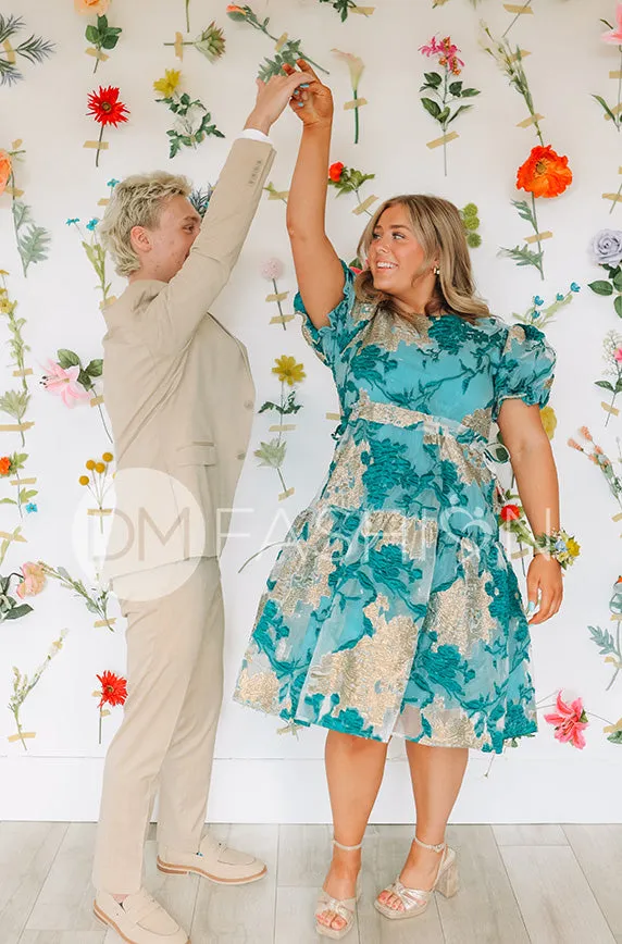 Ellis Jacquard Teal/Gold Velvet Dress - DM Exclusive - Maternity Friendly