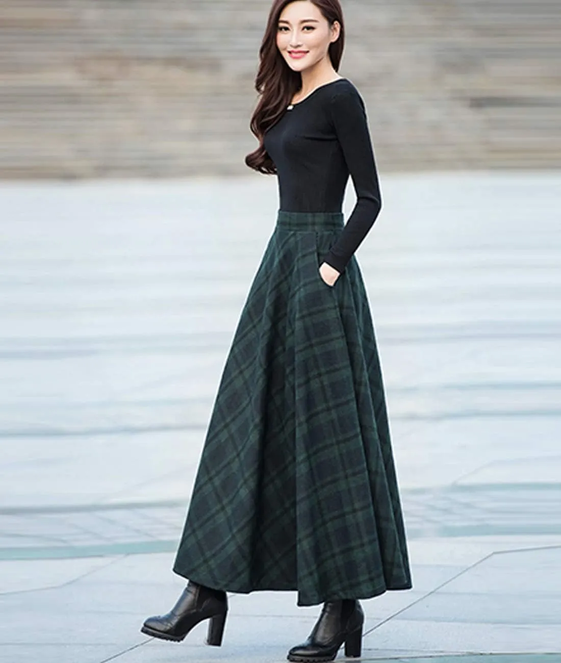 Femiserah Women's Long Maxi Woolen A Line Skirt Autumn Winter Plaid Skirt
