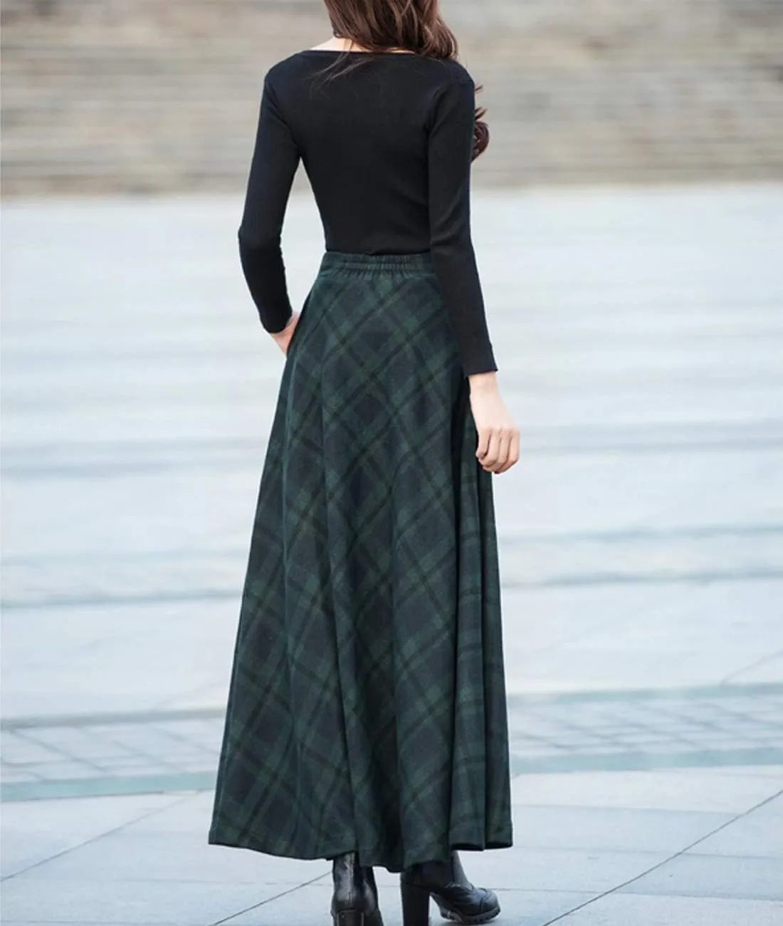 Femiserah Women's Long Maxi Woolen A Line Skirt Autumn Winter Plaid Skirt