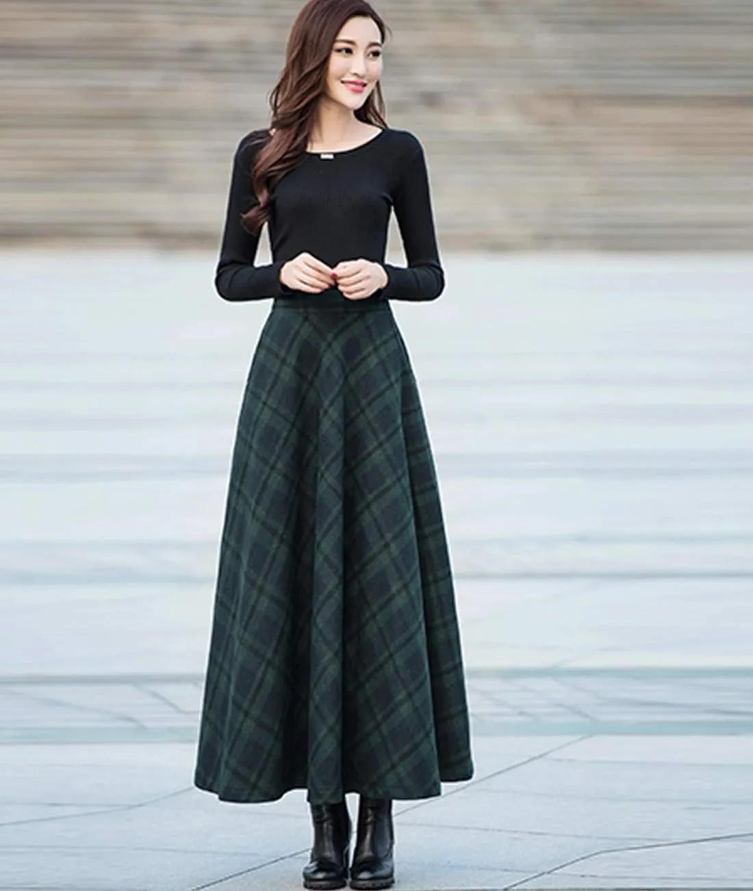 Femiserah Women's Long Maxi Woolen A Line Skirt Autumn Winter Plaid Skirt