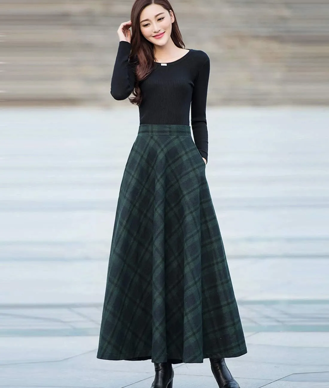 Femiserah Women's Long Maxi Woolen A Line Skirt Autumn Winter Plaid Skirt