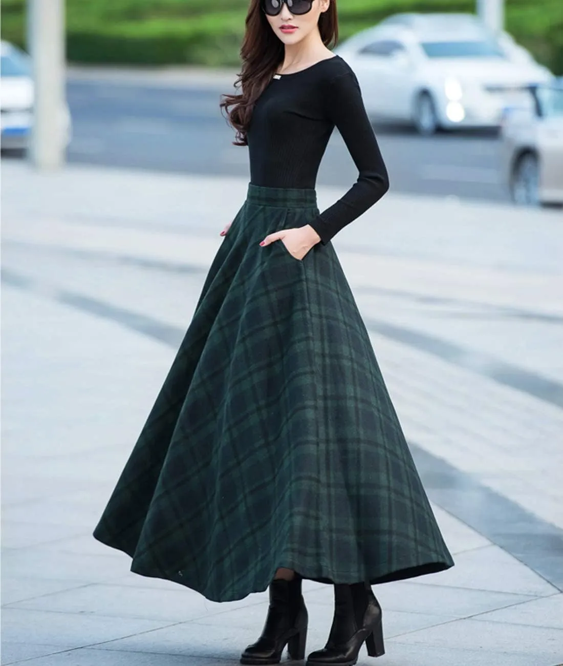 Femiserah Women's Long Maxi Woolen A Line Skirt Autumn Winter Plaid Skirt