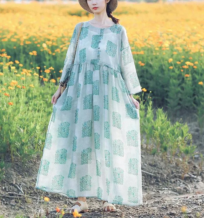 Floral Linen Long Sleeve Dress Loose Women Dress SJP9201229