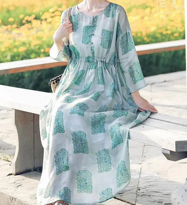 Floral Linen Long Sleeve Dress Loose Women Dress SJP9201229