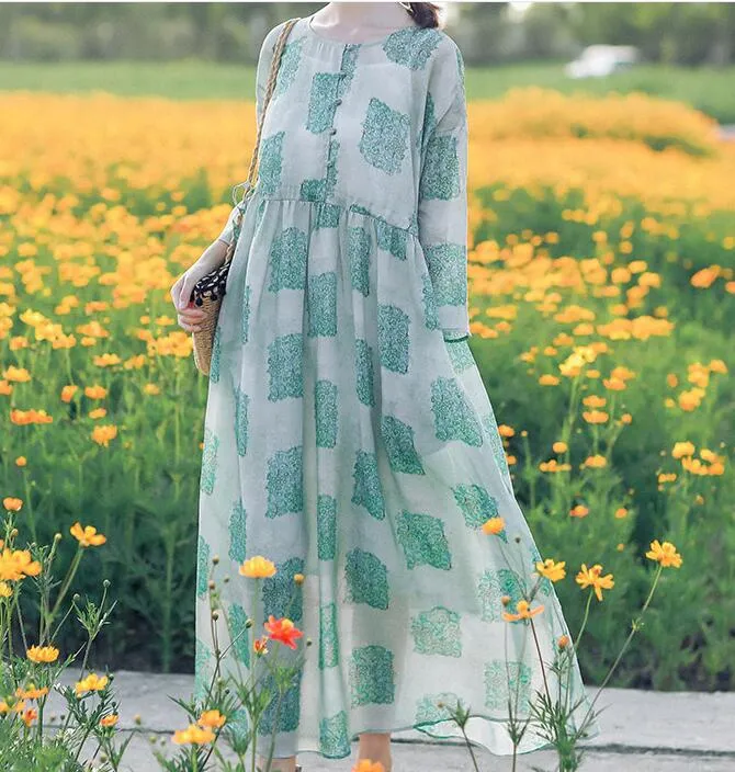 Floral Linen Long Sleeve Dress Loose Women Dress SJP9201229