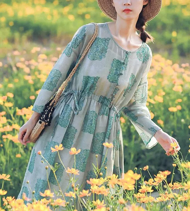 Floral Linen Long Sleeve Dress Loose Women Dress SJP9201229