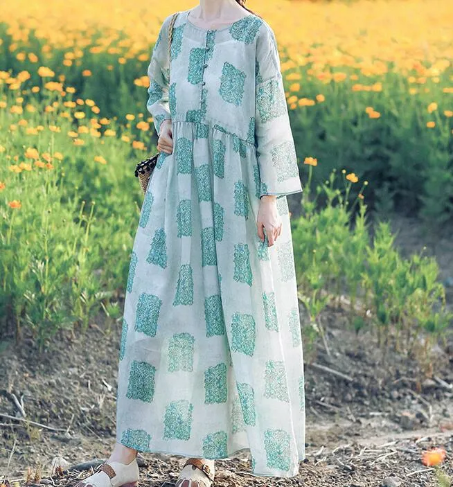 Floral Linen Long Sleeve Dress Loose Women Dress SJP9201229