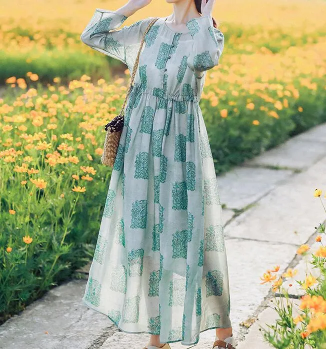 Floral Linen Long Sleeve Dress Loose Women Dress SJP9201229