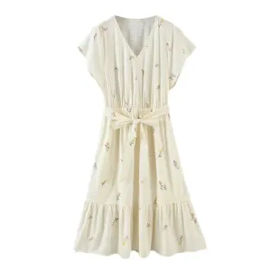 FLORAL PRINT LINEN MIDI DRESS