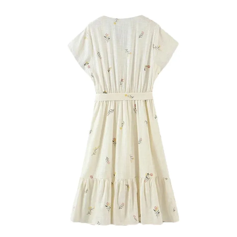 FLORAL PRINT LINEN MIDI DRESS