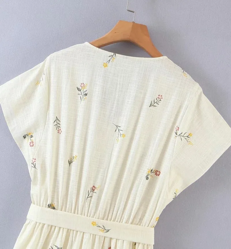FLORAL PRINT LINEN MIDI DRESS