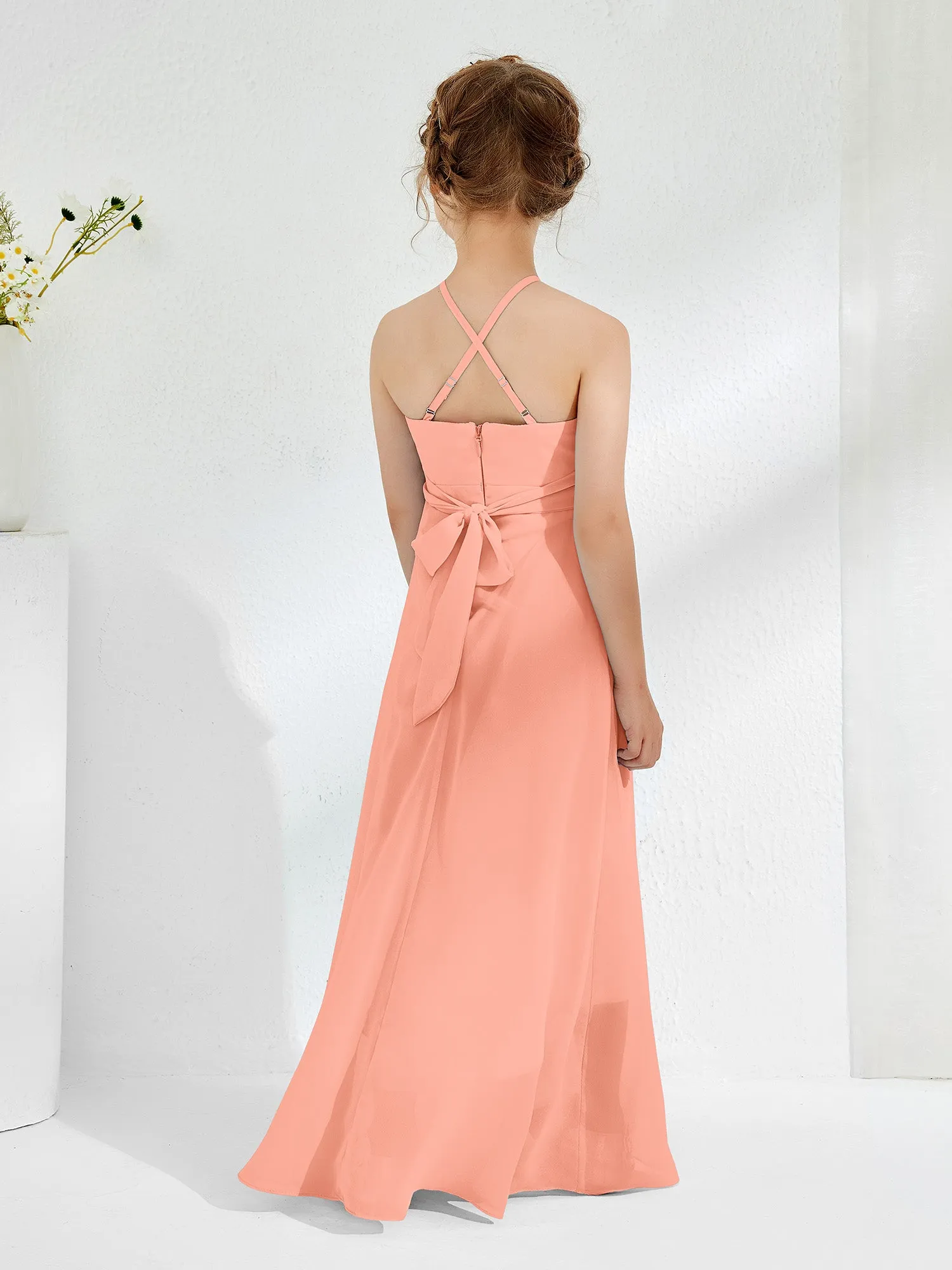 Halter Neckline Junior Bridesmaid Dresses with Sash Papaya