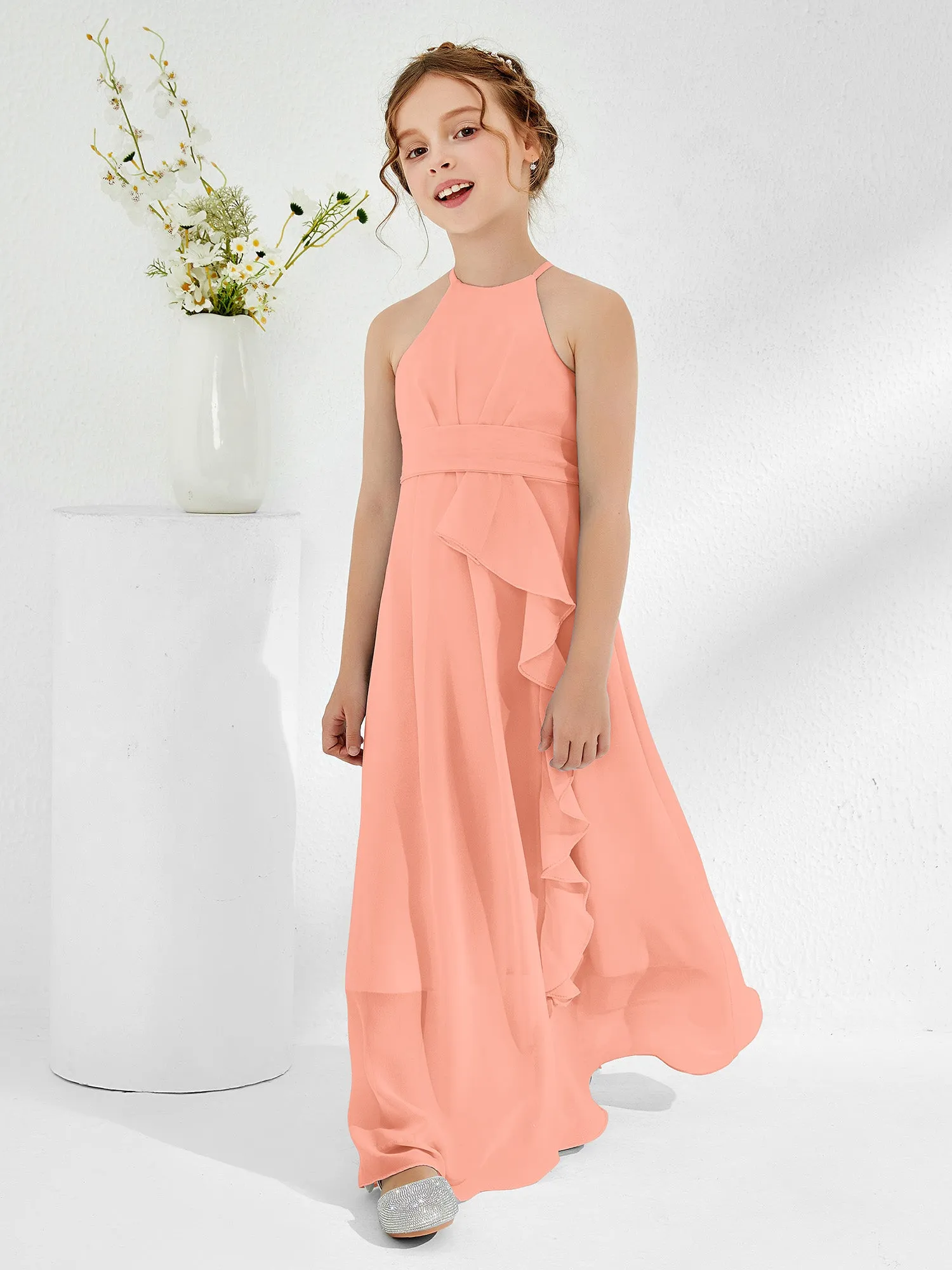 Halter Neckline Junior Bridesmaid Dresses with Sash Papaya