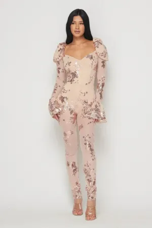 Long Sleeve Sequins Jumpsuit with Puff Shoulder