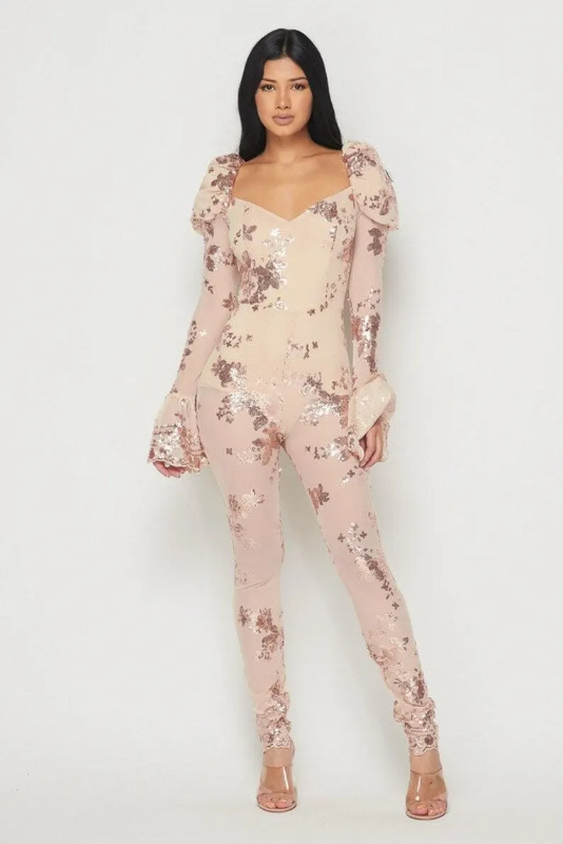 Long Sleeve Sequins Jumpsuit with Puff Shoulder