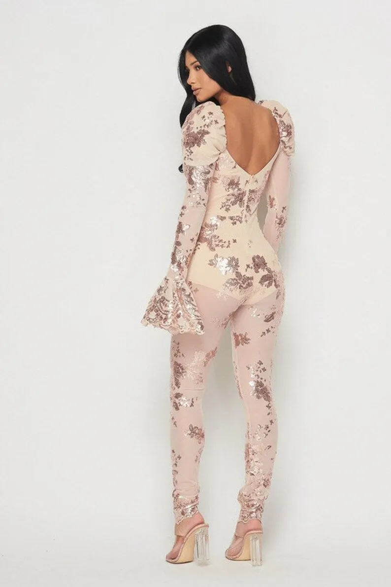 Long Sleeve Sequins Jumpsuit with Puff Shoulder