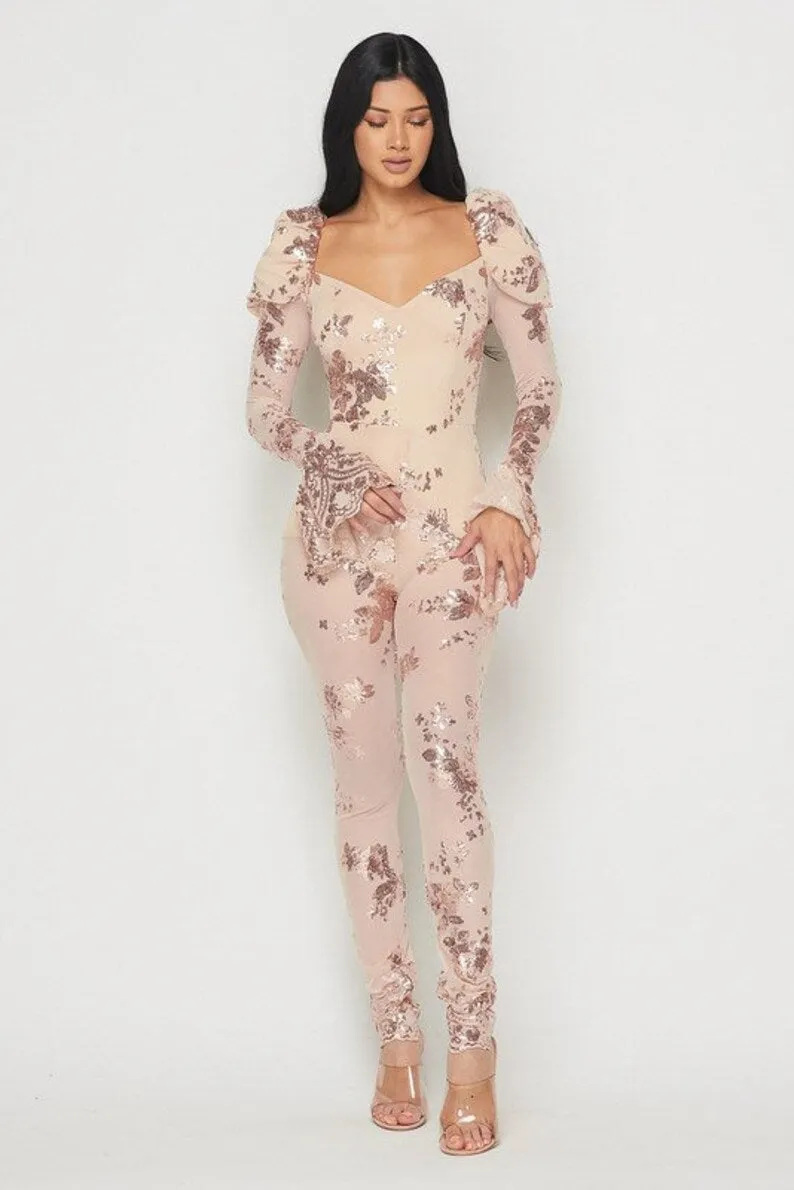 Long Sleeve Sequins Jumpsuit with Puff Shoulder