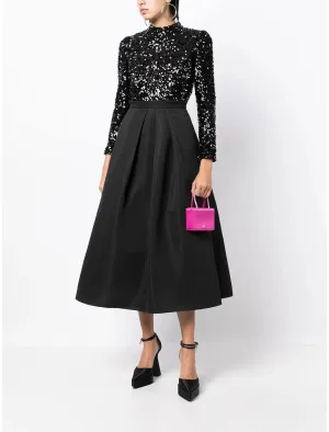 Luolandi A-Line Cocktail Dresses Backless Black Dress Wedding Party Wear Tea Length Long Sleeve High Neck Satin