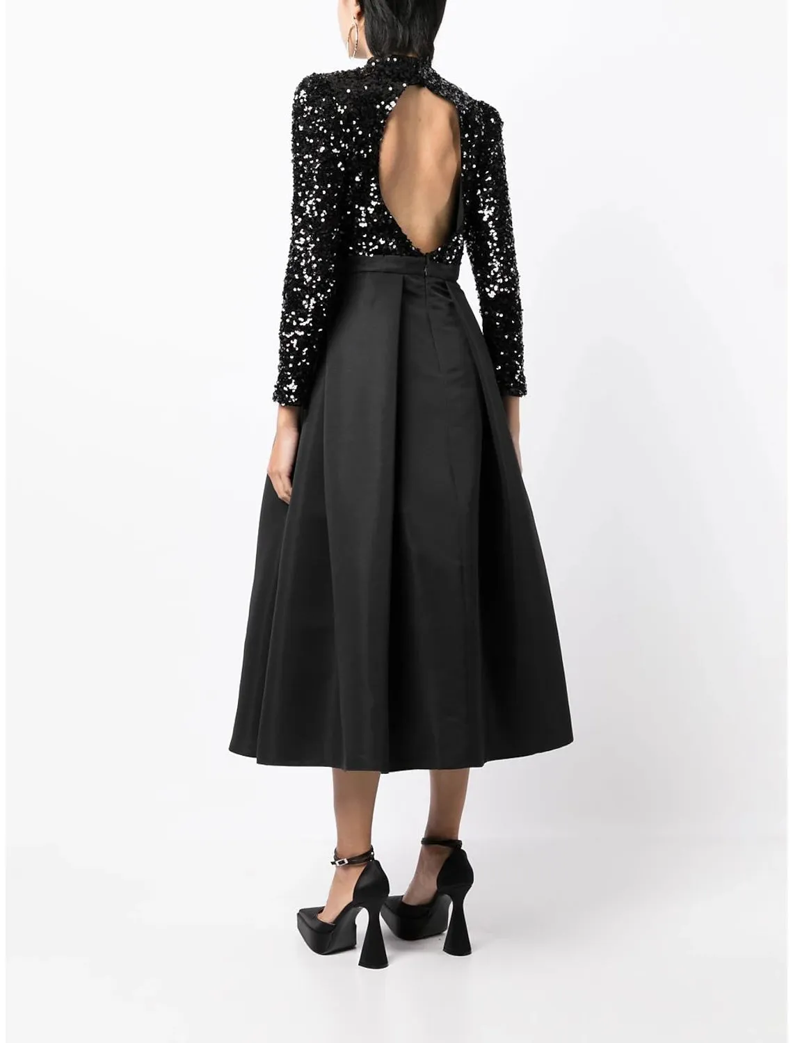 Luolandi A-Line Cocktail Dresses Backless Black Dress Wedding Party Wear Tea Length Long Sleeve High Neck Satin