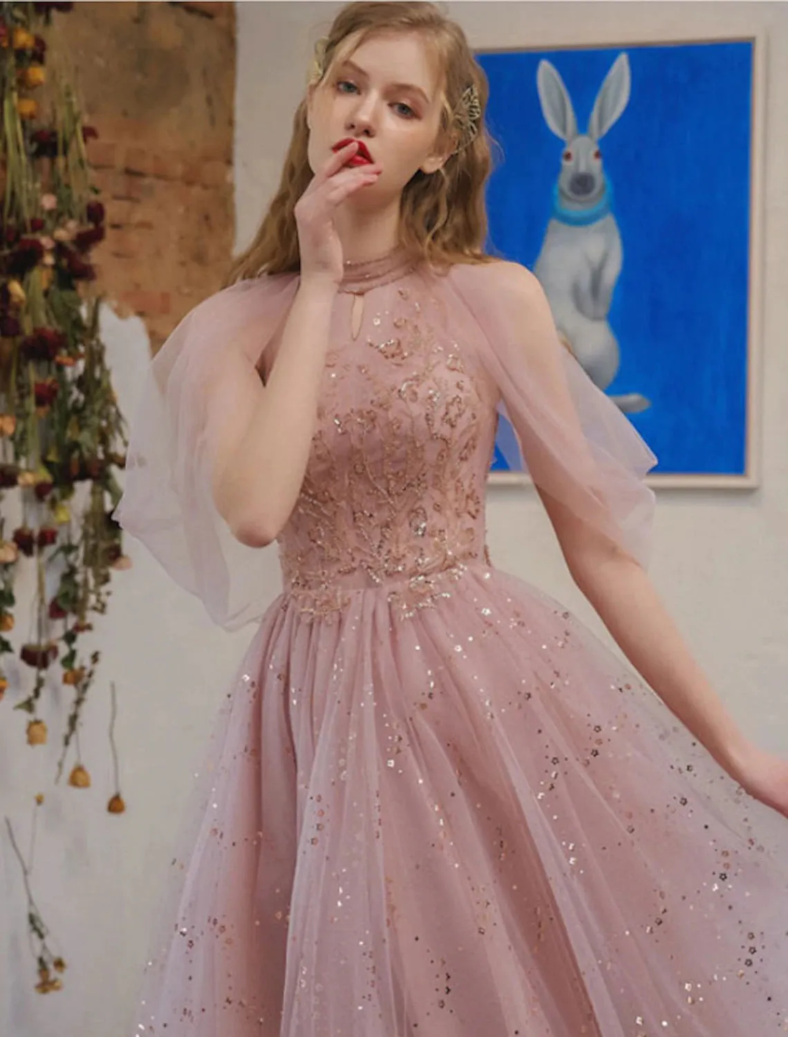 Luolandi A-Line Cocktail Dresses Party Dress Graduation Engagement Knee Length 3/4 Length Sleeve Jewel Neck Tulle with Sequin